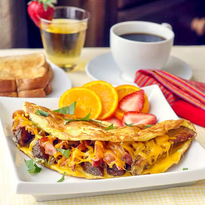 Potato Bacon and Cheddar Omelet - leftover wedge fries can become part of a hearty breakfast.