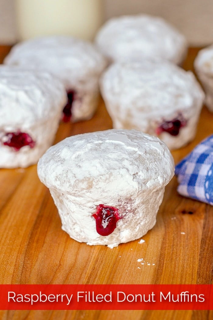 Raspberry Filled Donut Muffins shown with filling added plus title text added for Pinterest