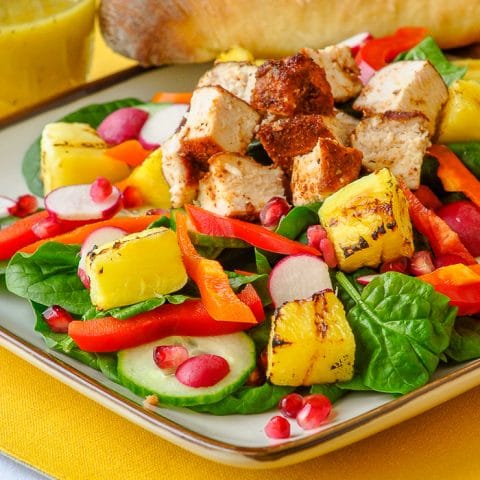 Smoked Chicken Spinach Grilled Pineapple Pomegranate Salad square format featured image