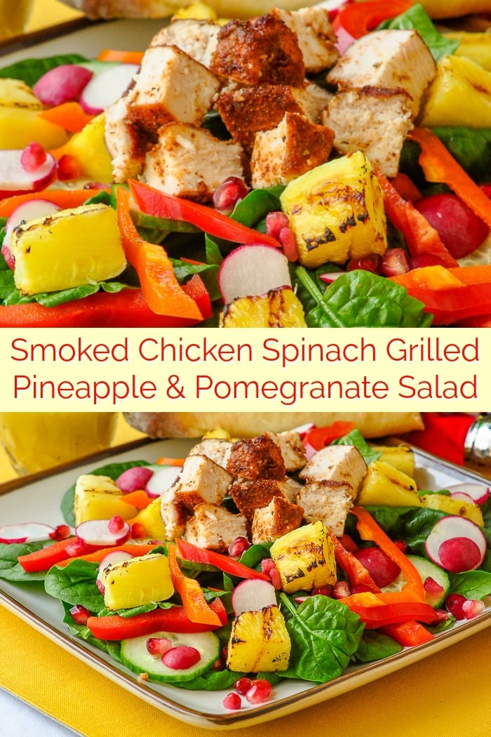 Smoked Chicken Spinach Grilled Pineapple and Pomegranate Salad photo collage with title text for Pinterest