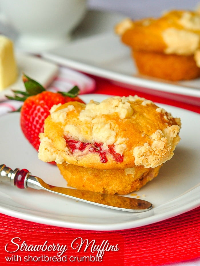 Strawberry Muffins with Shortbread Crumble photo with title text added for Pinterest