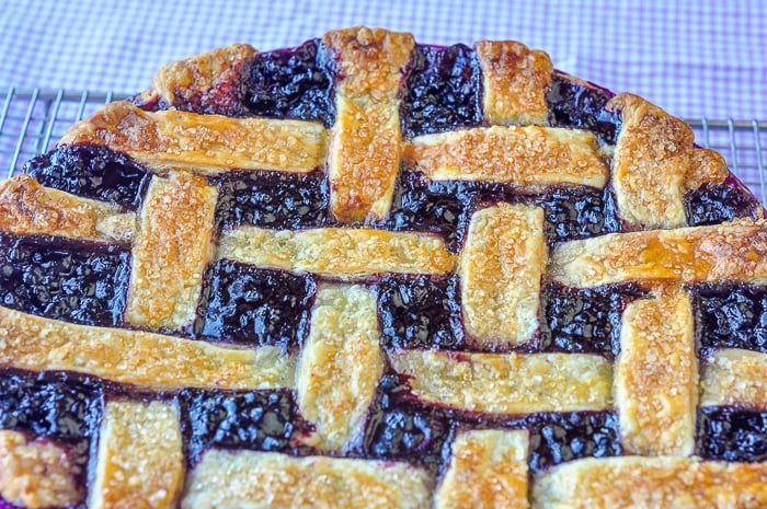 The Best Blueberry Pie close up photo of the pie shot from overhead.