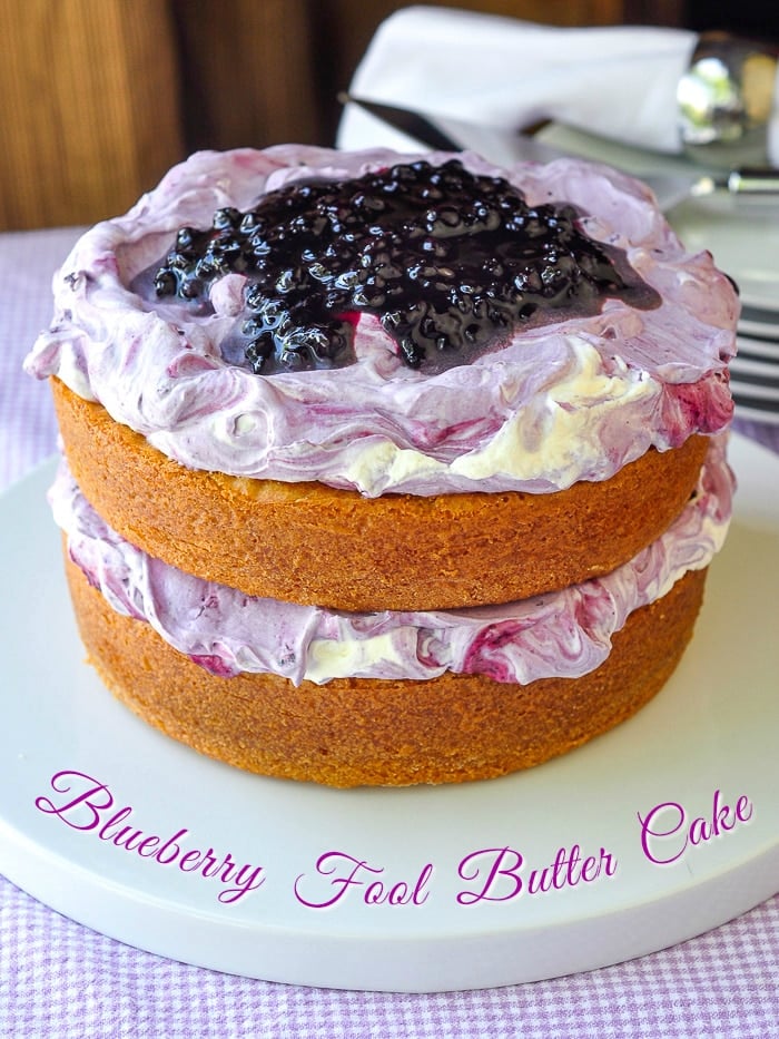 Blueberry Fool Butter Cake photo with title text added for Pinterest