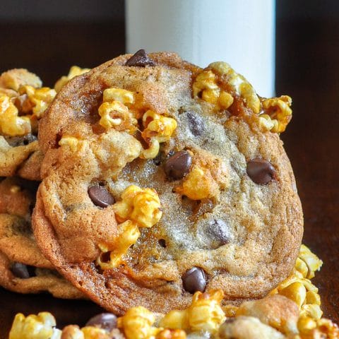 Caramel Corn Chocolate Chip Cookies close up photo of a single cookie