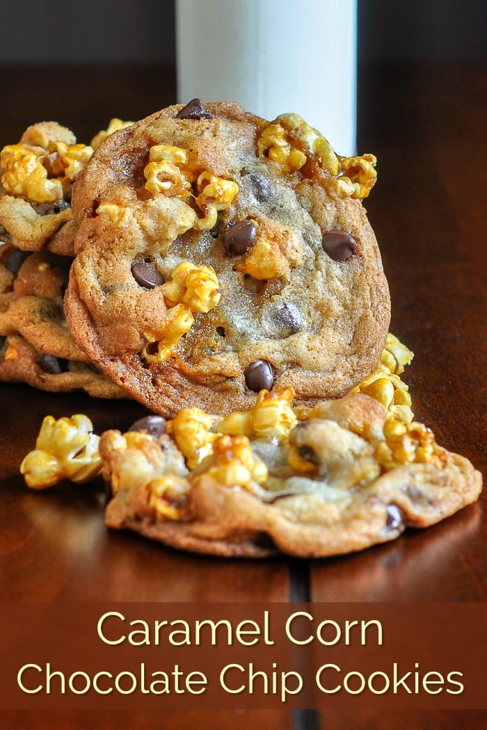 Caramel Corn Chocolate Chip Cookies. The best, highly addictive homemade caramel corn baked into crispy, chewy, perfect chocolate chip cookies. Amazing! #cookies #afterschoolsnacks #christmascookies