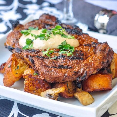 Dry Rubbed Steak with Smoked Paprika Aioli & Country Crouton Stuffing close up photo for featured image