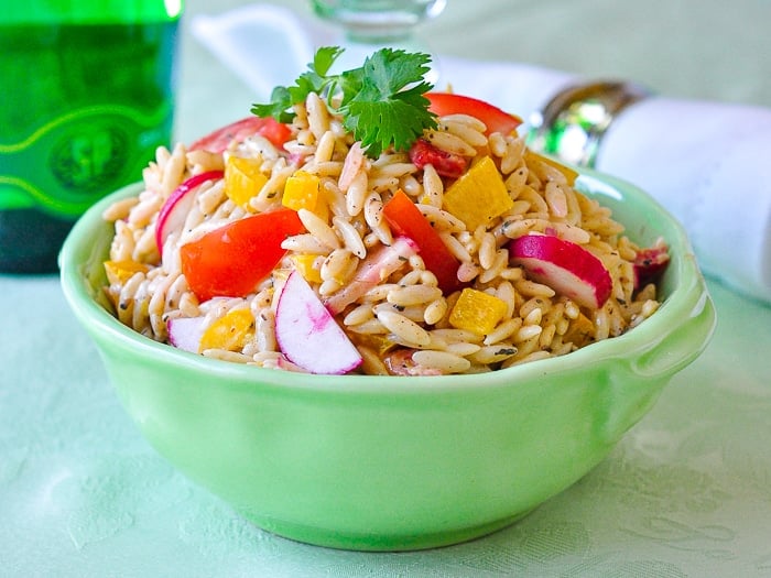 Low Fat Chipotle Ranch Orzo Salad in a pale green bowl