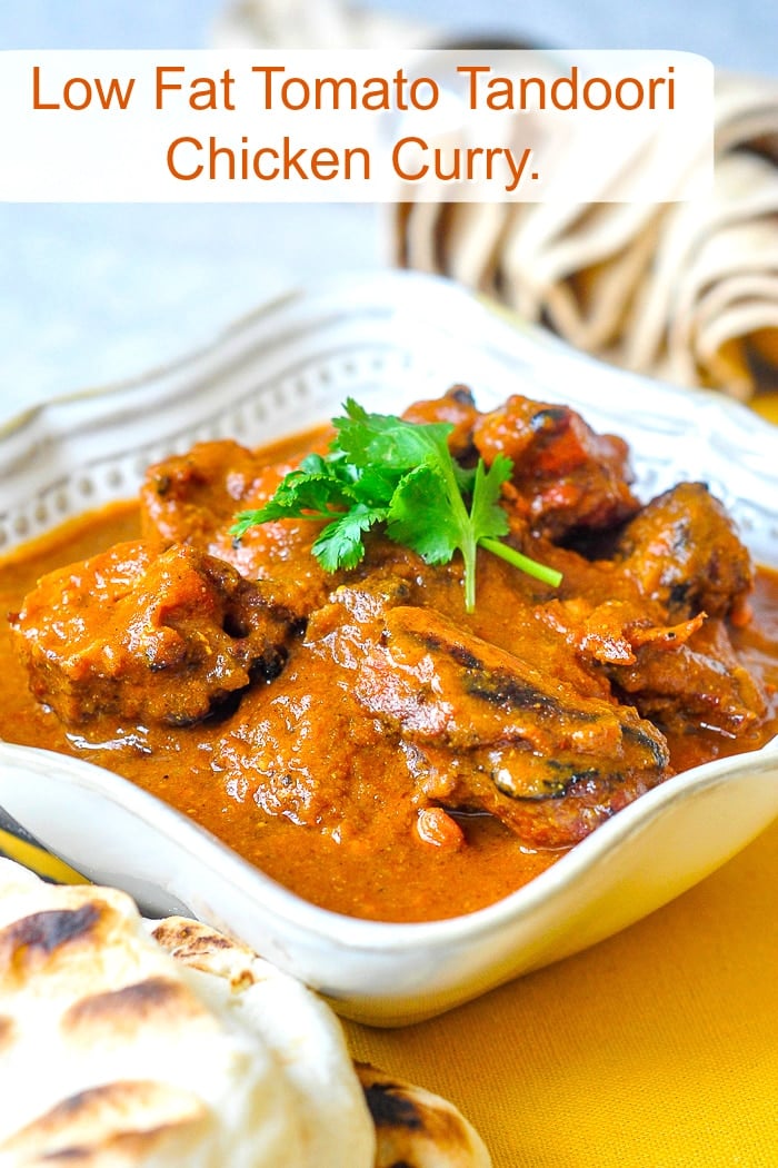 Low Fat Tomato Tandoori Chicken Curry photo with title text for Pinterest