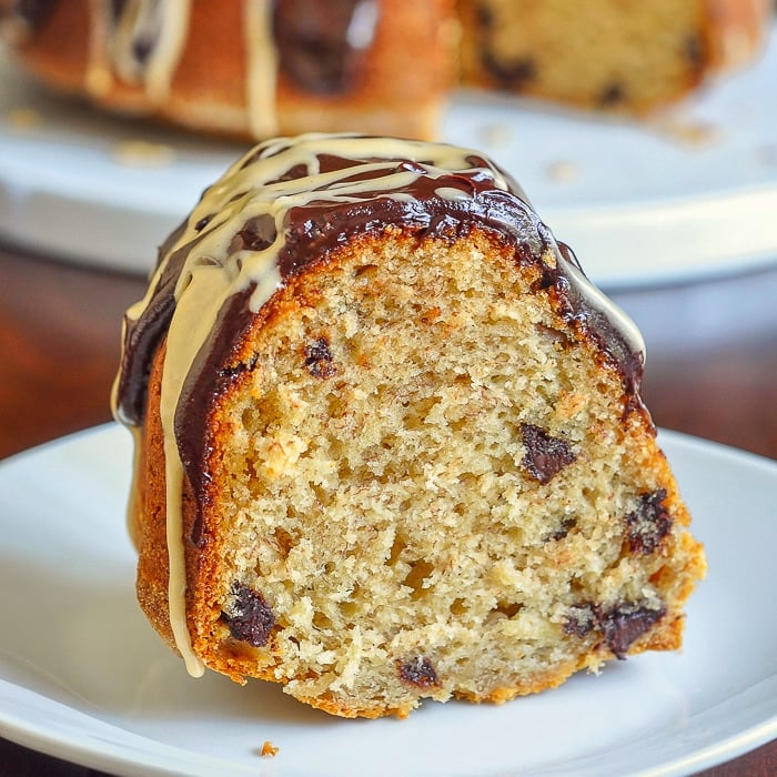 Peanut Butter Banana Chocolate Chip Cake close up photo of a single slice