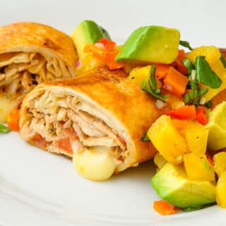 Pork Chimichangas with Avocado Pineapple Salsa close up photo for featured image
