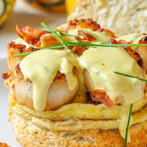 Scallops Benedict with Brown Butter Hollandaise on Chive Buttermilk Biscuits