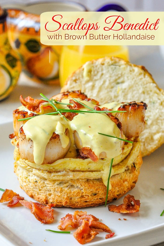 Scallops Benedict photo with title text for Pinterest