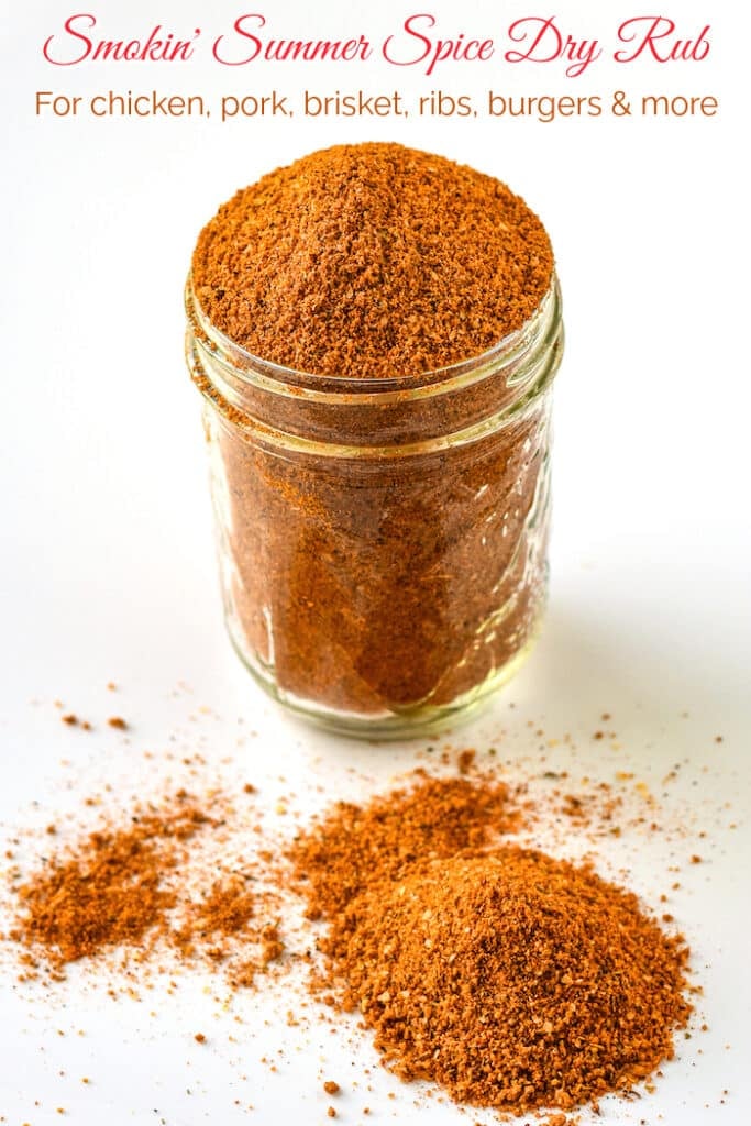Smokin' Summer Spice Dry Rub photo of spices in mason jar with title text added for Pinterest