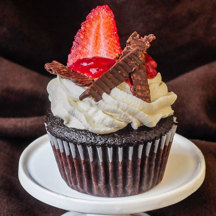 Strawberry Black Forest Cupcakes close up photo of a single cupcake