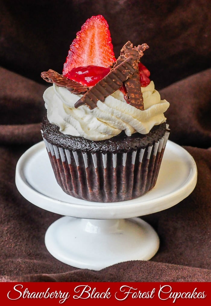 Strawberry Black Forest Cupcakes photo of a single cupcake with title text added for Pinterest