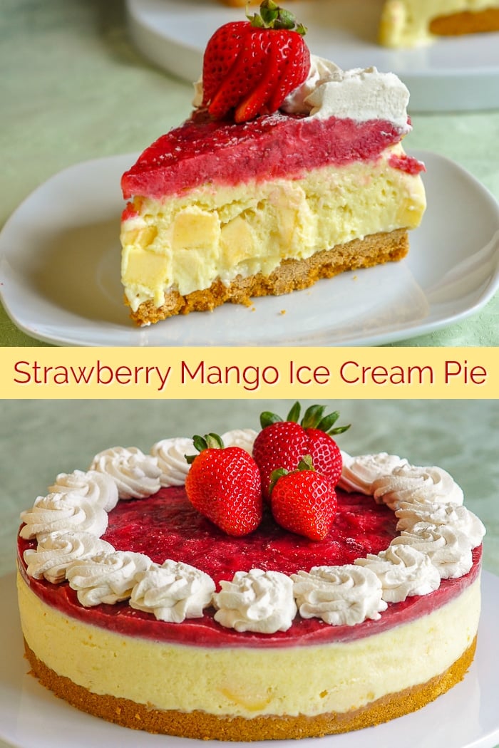 Strawberry Mango Ice Cream Pie vertical photo of single slice with pie in background.
