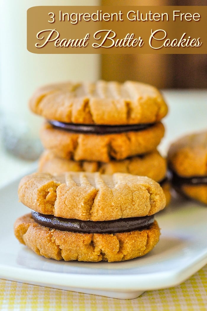 3 Ingredient Gluten Free Peanut Butter Cookies phtoto of stacked sandwich cookies wit title text added for Pinterest