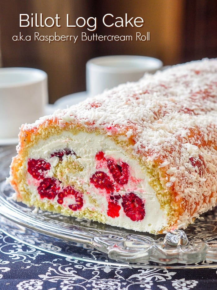 Billot Log Cake photo with title text added for Pinterest