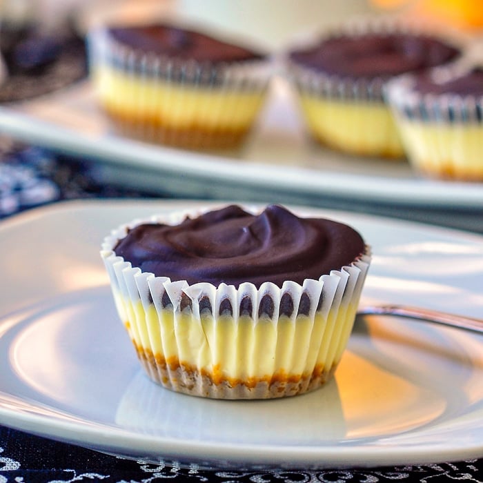 Mini Raspberry Tuxedo Cheesecakes photo of a single uncut cheesecake on a white plate