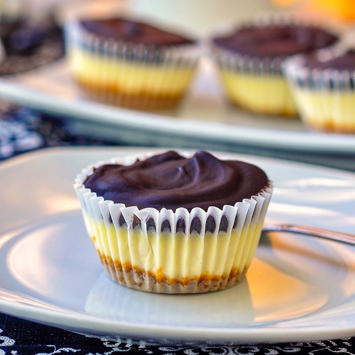 Mini Raspberry Tuxedo Cheesecakes photo of a single uncut cheesecake on a white plate