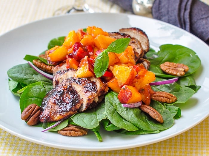 Peach Basil Salsa on Blueberry BBQ chicken breast