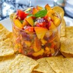 Peach Basil Salsa photo with title text for Pinterest