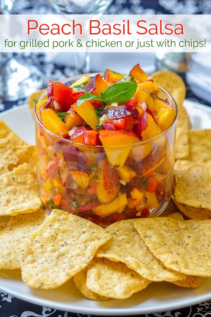 Peach Basil Salsa photo with title text for Pinterest