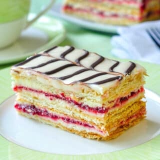 Raspberry Buttercream Mille Feuille close up square cropped featured image