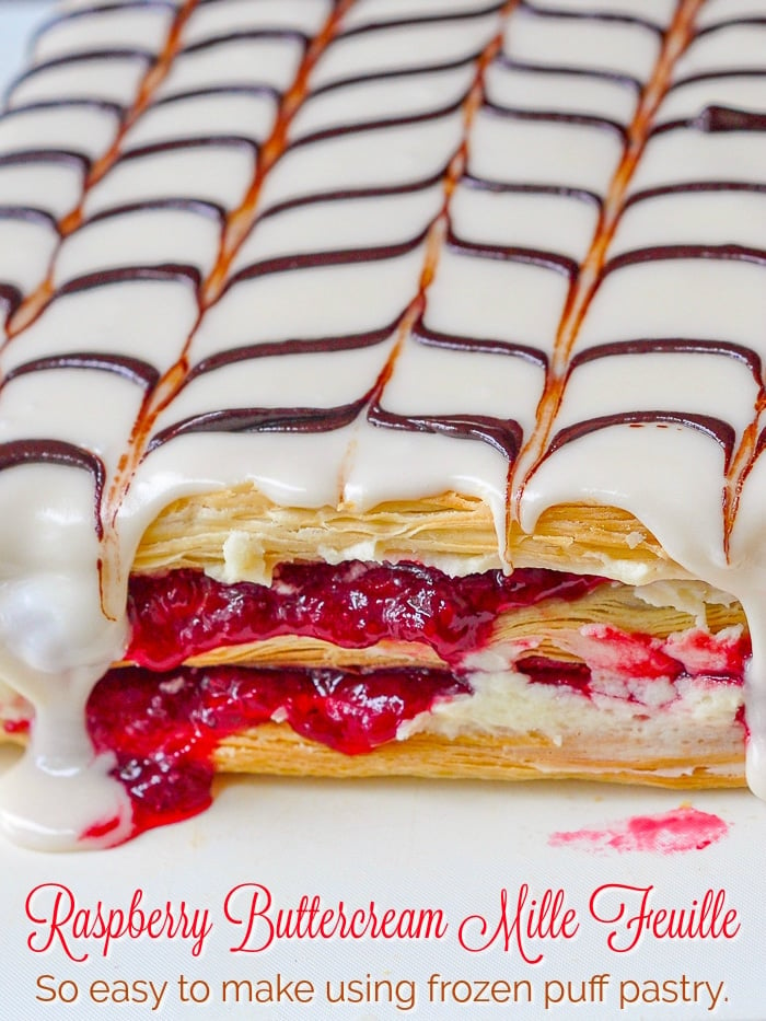 Raspberry Buttercream Mille Feuille photo of uncut pastries with title text added for Pinterest