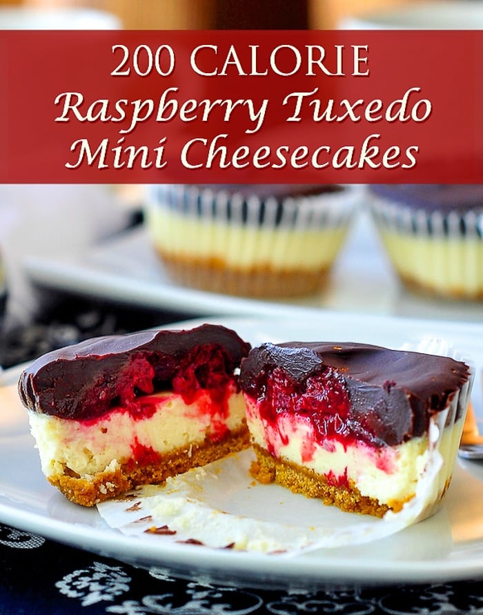 Raspberry Tuxedo Mini Cheesecakes photo with title text for Pinterest