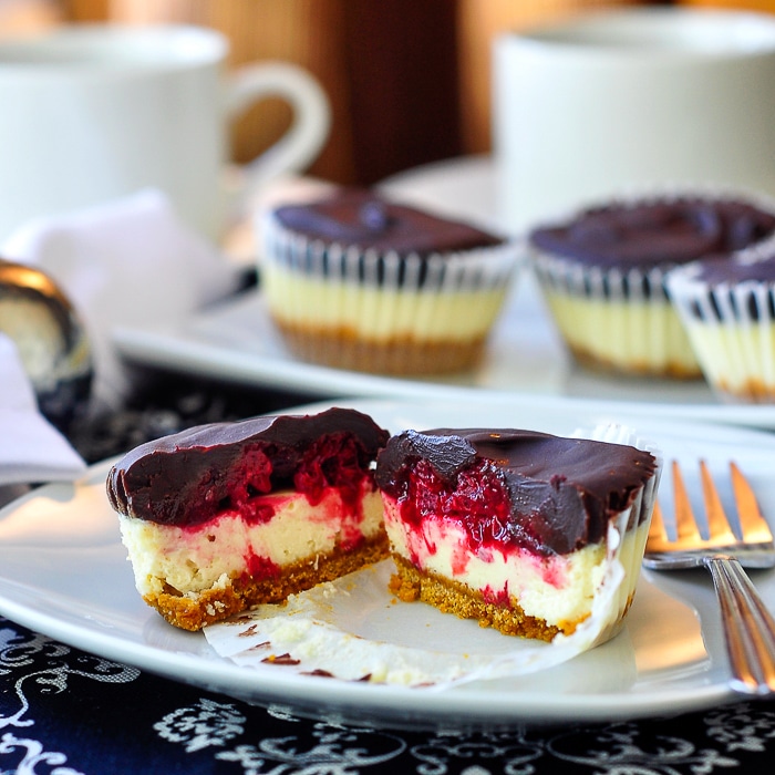 Raspberry Tuxedo Mini Cheesecakes wide shot image with coffee in background