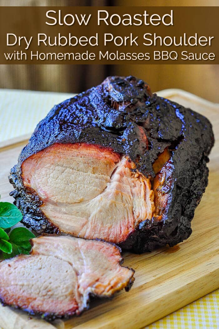 Slow roasted dry rubbed pork shoulder, shown sliced