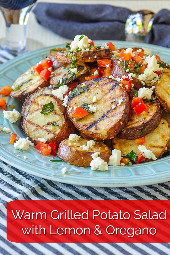 Warm Grilled Potato Salad with lemon and oregano. Image with text for Pinterest.