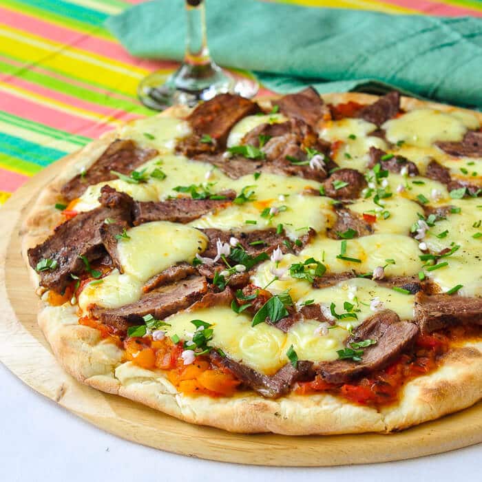 Grilled Taco Pizza - using leftover Mexican Spiced Steal & Sweet Pepper Salsa.