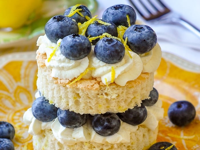 Lemon Berry Angel Food Shortcake close up image howing lightness of the cake crumb