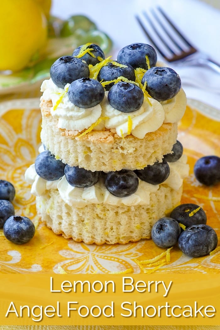 Lemon Berry Angel Food Shortcake image with title text for Pinterest