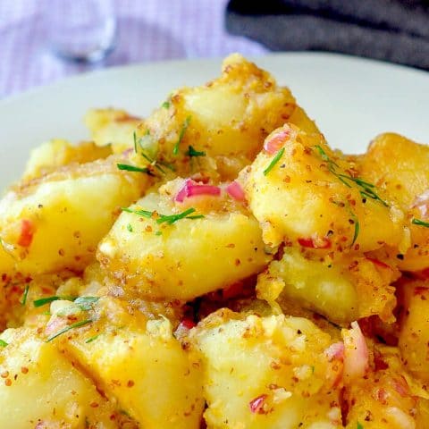 Warm Honey Dijon Potato Salad close up
