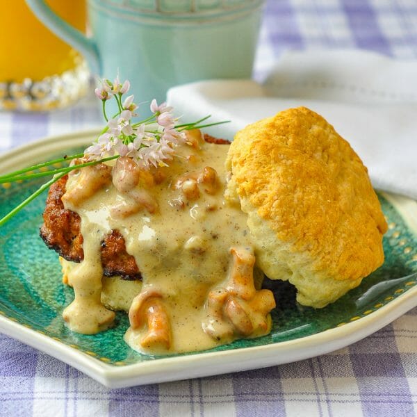 Biscuits with Chanterelle Mushroom Gravy and Chorizo Sausage.