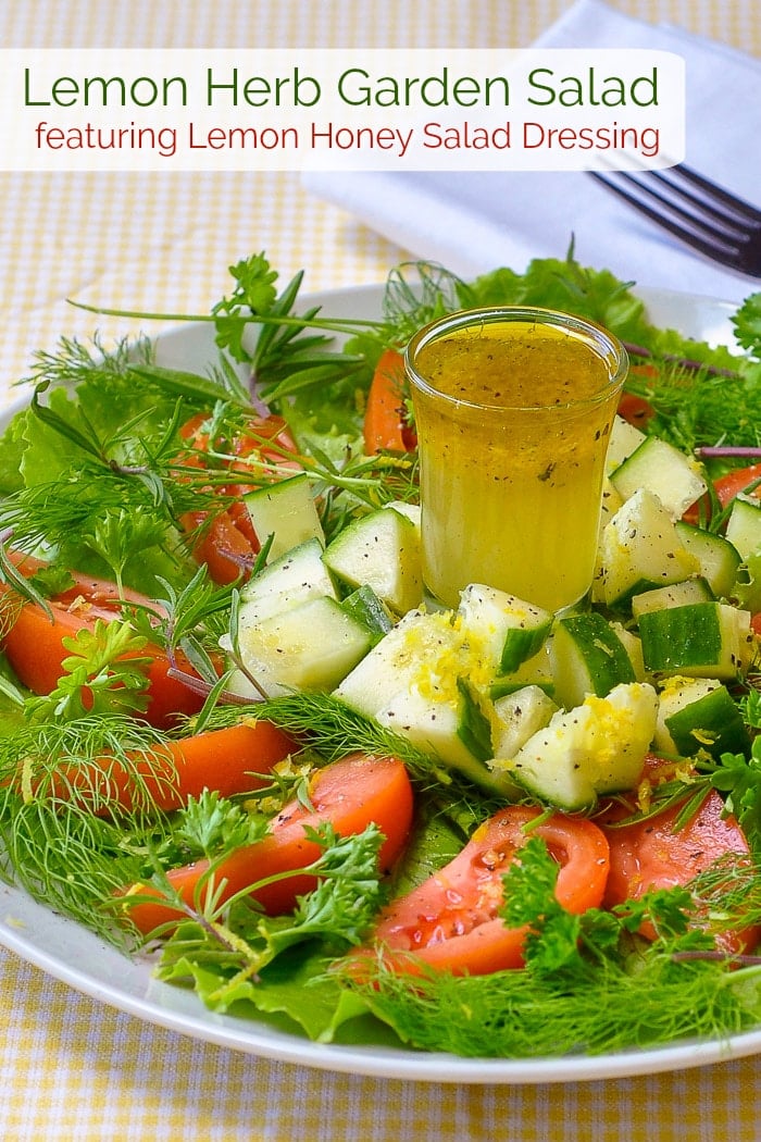 Lemon Herb Garden Salad featuring Lemon Honey Salad Dressing photo with title text for Pinterest