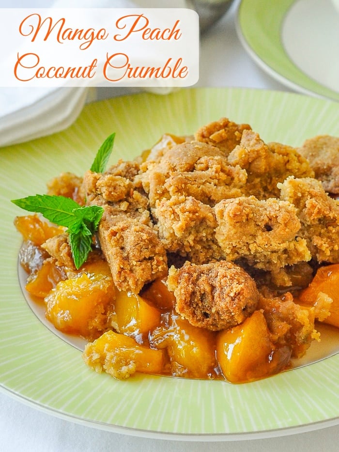 Mango Peach Coconut Crumble photo with title text for Pinterest