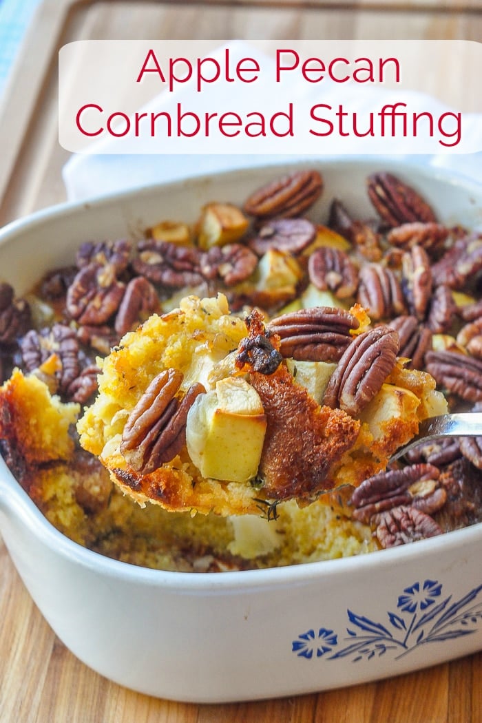 Apple Pecan Cornbread Stuffing photo with title text for Pinterest