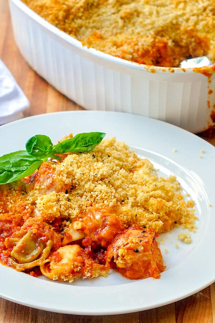 Cheesy Tomato Basil Baked Tortellini with Parmesan Pepper Crumb Topping shown plated