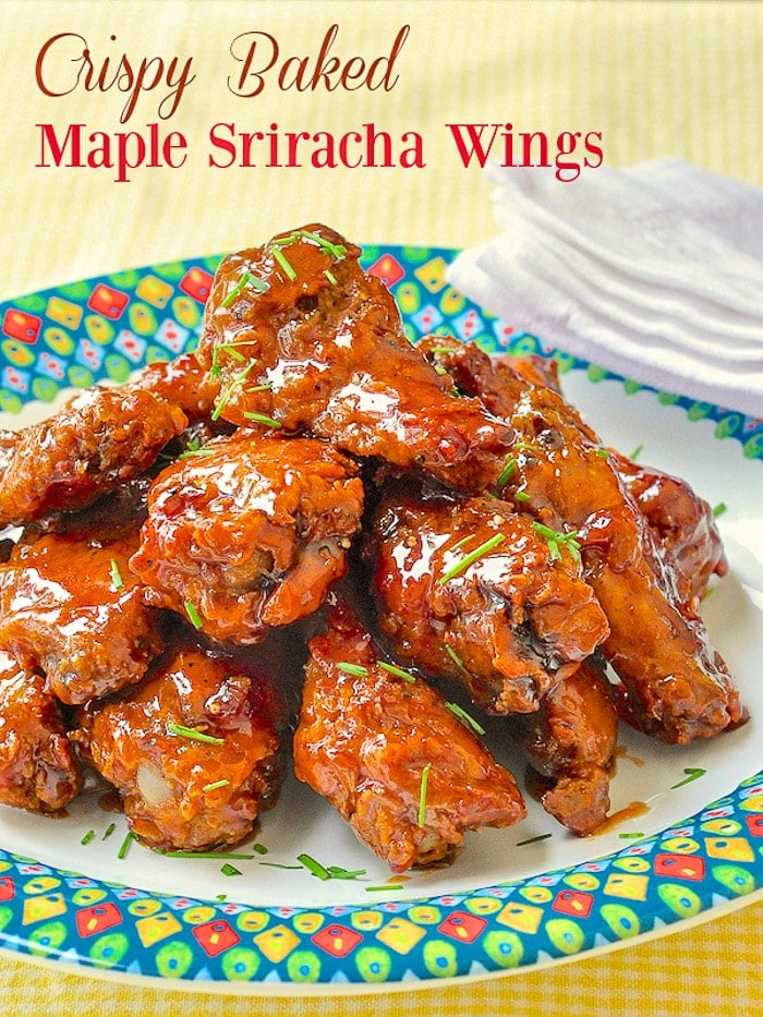 Crispy Baked Maple Sriracha Wings image with title text for Pinterest