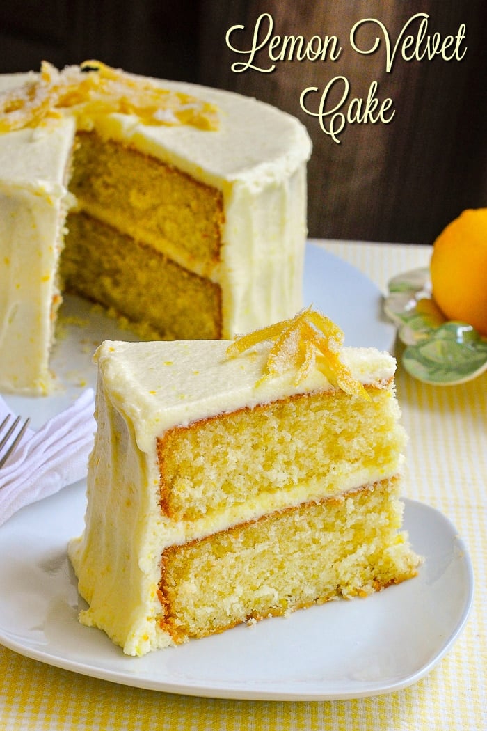 Lemon Velvet Cake photo with title text for Pinterest