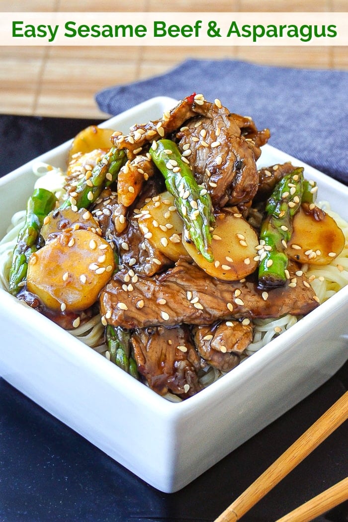 Easy Sesame Beef and Asparagus photo with title text for Pinterest