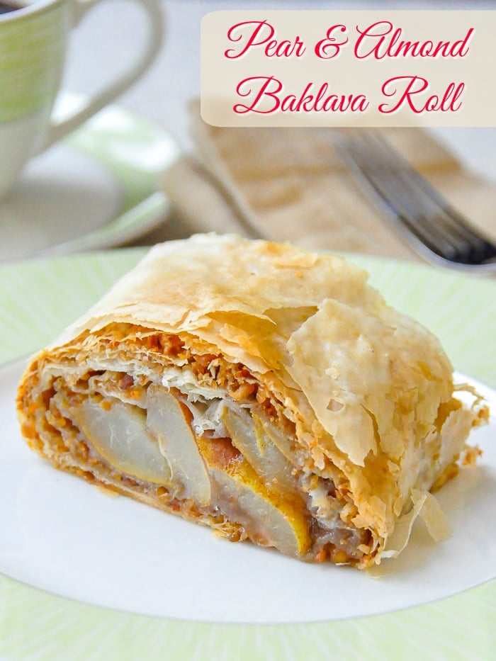 Pear Almond Baklava Roll photo of single serving with title text added for Pinterest