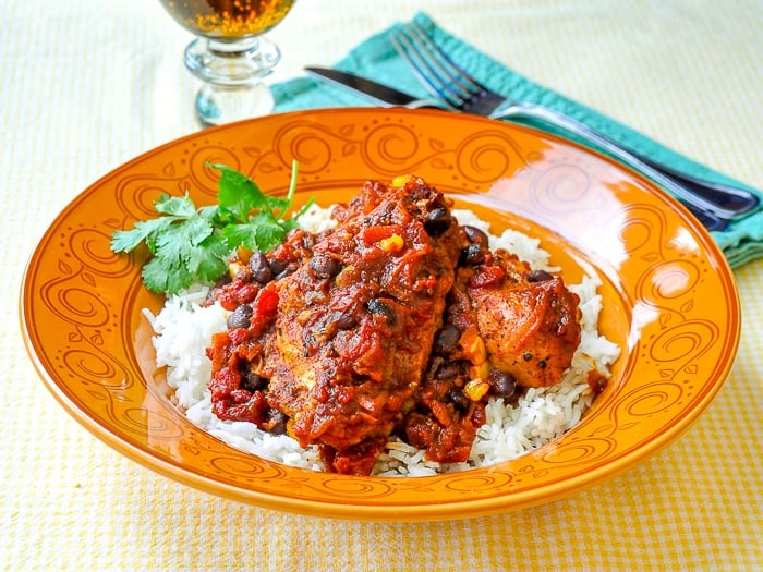 Photo of a single serving of Chicken with Black Bean Chipotle Chili and Rice