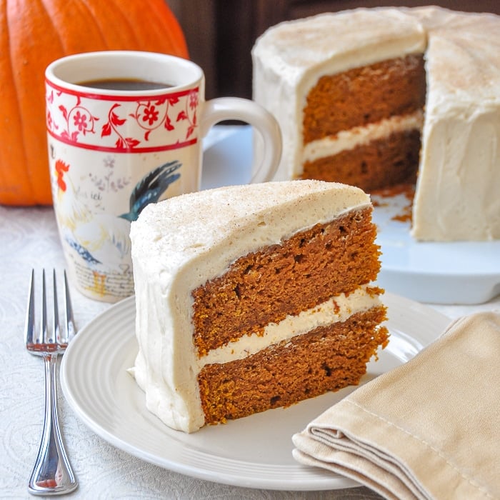 Sticky Toffee Pumpkin Cake square image of cake and slice for featured image