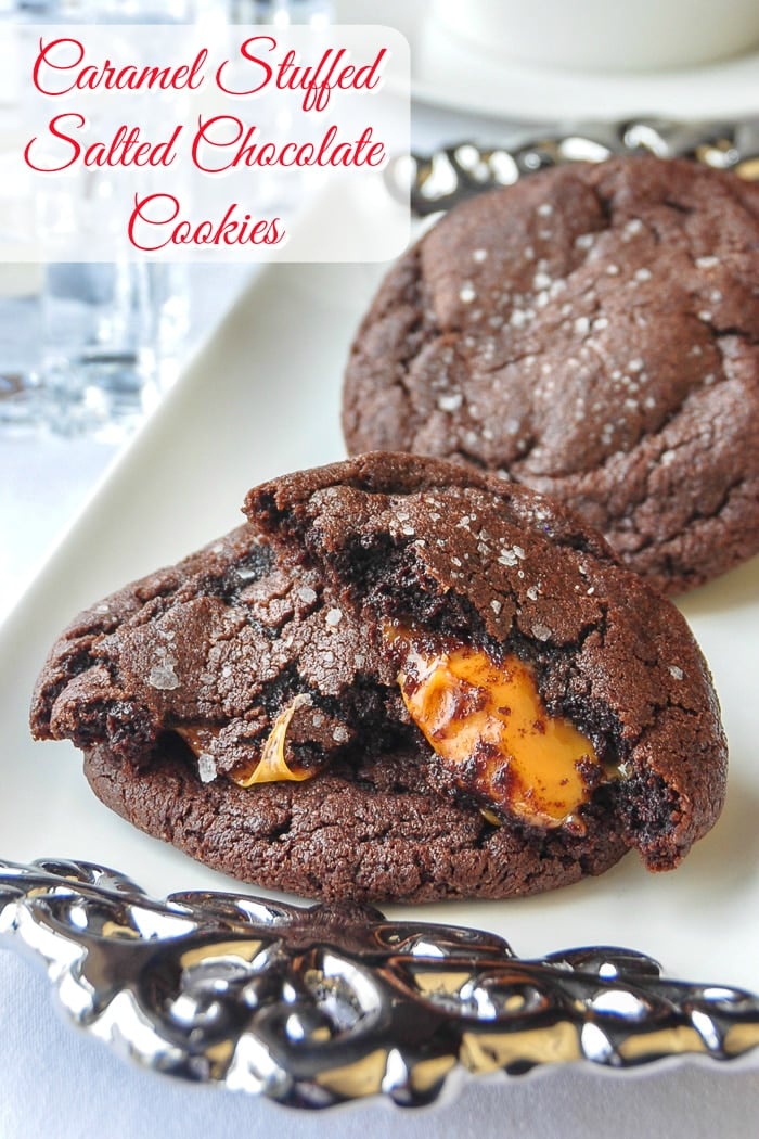 Caramel Stuffed Salted Chocolate Cookies photo with title text added for Pinterest