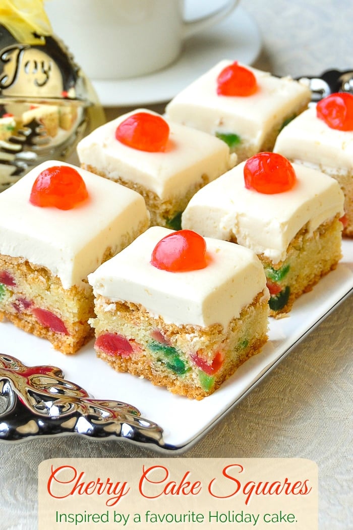 Cherry Cake Squares photo od cookie bars with title text added for Pinterest